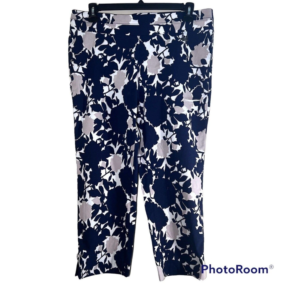 Rafaella Sz 16 Stretch Cotton Pique FLORAL PRINT Blue CAPRI Pants Pull On NWT